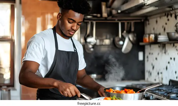 African American Man Cooking Vegetables in Kitchen
