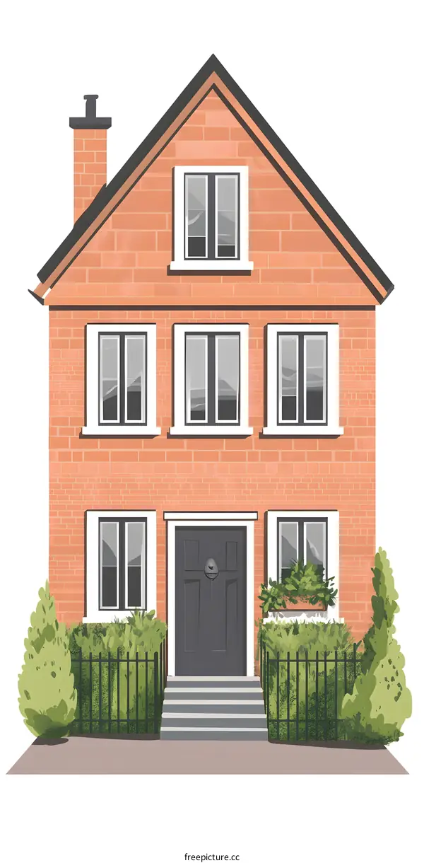 Brick House with Green Bushes and Fence