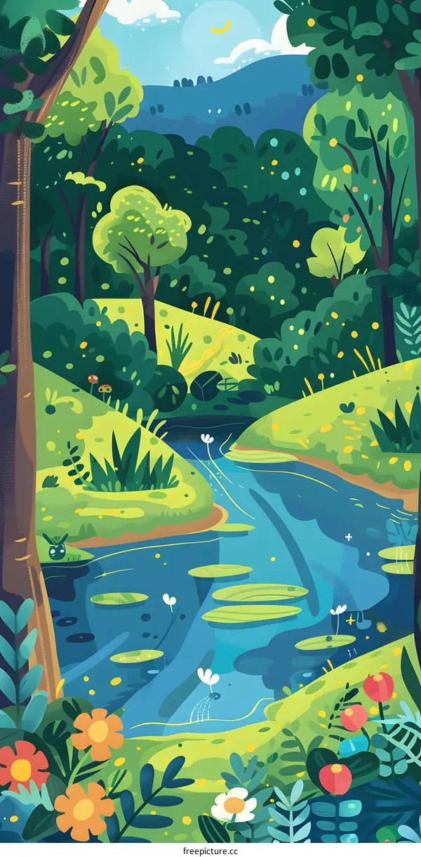 Beautiful Scenery Illustration with a River, Trees, and Flowers