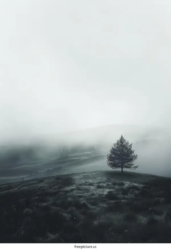Foggy Mountain Landscape with a Lonely Tree