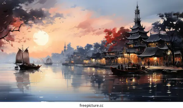 Traditional Chinese Water Town with Boats