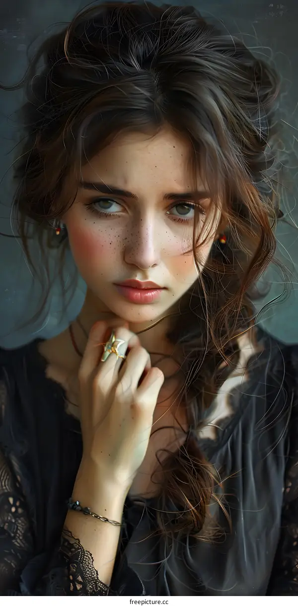 Portrait of a Young Woman with Brown Hair and Freckles