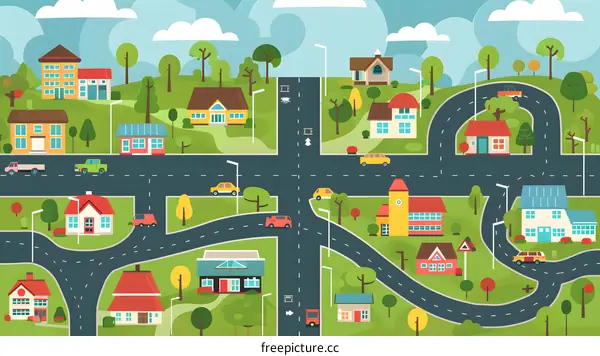 Cartoon Suburban Neighborhood Illustration with Houses, Trees, Cars and Roads