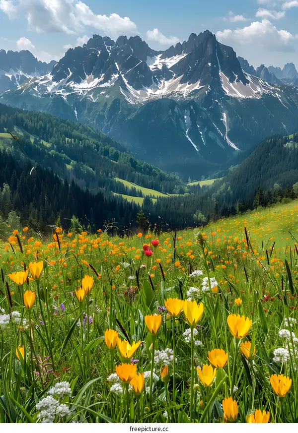 Alpine flowers in full bloom with snow-capped mountains in the distance