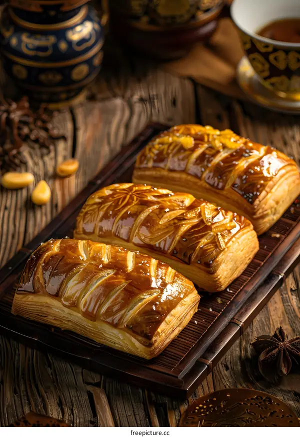 Close Up of Three Delicious Pastry on Wooden Table