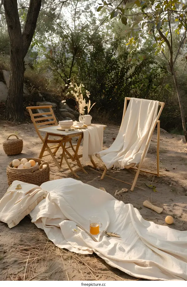 Outdoor Picnic Setup with Wooden Chairs and Table