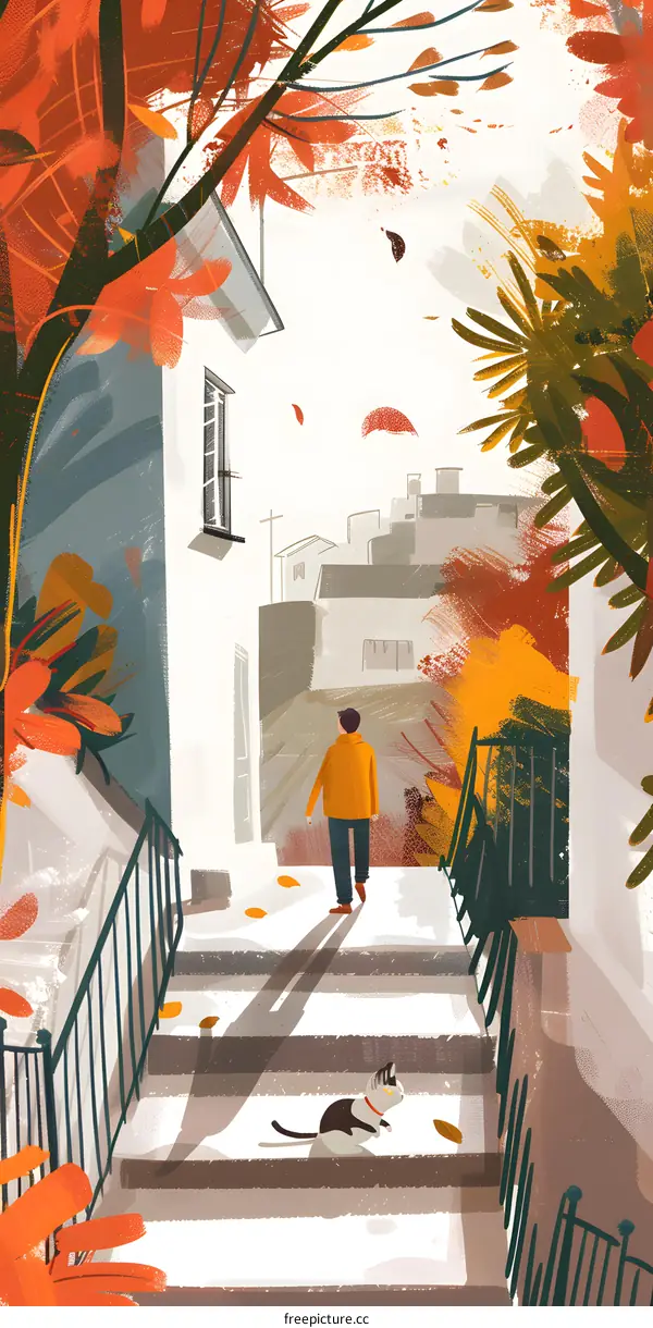 Autumn Day With Man And Cat In City