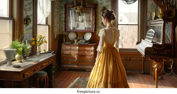 woman in yellow dress standing in a vintage room