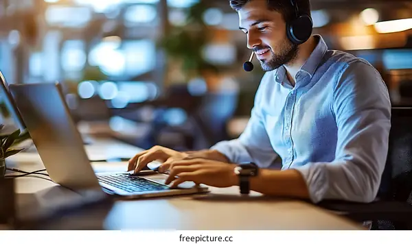 Businessman working on laptop in office at night