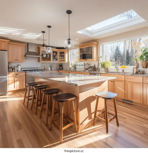 Bright and Airy Kitchen With Large Island and Hardwood Floors