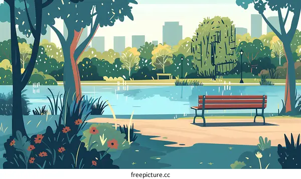 Peaceful Park Scene with Bench and City Skyline