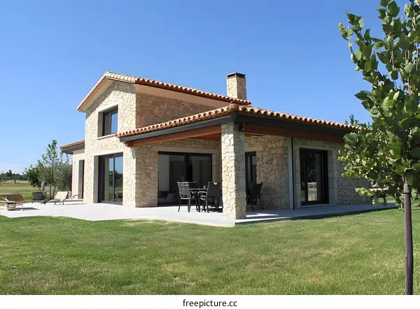 Modern Stone House With Patio And Grass Lawn
