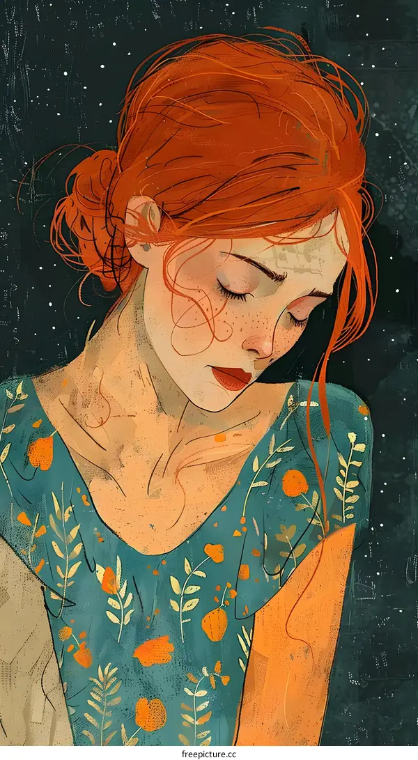 portrait of a redheaded woman in a blue dress