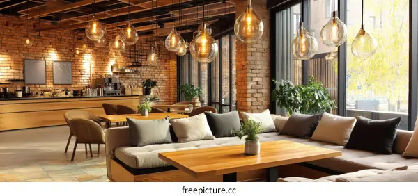 Modern Cafe Interior Design with Warm Lighting