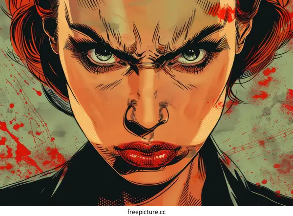 A close-up of a womans face with red hair and green eyes. She is wearing a black leather jacket and has a serious expression on her face.