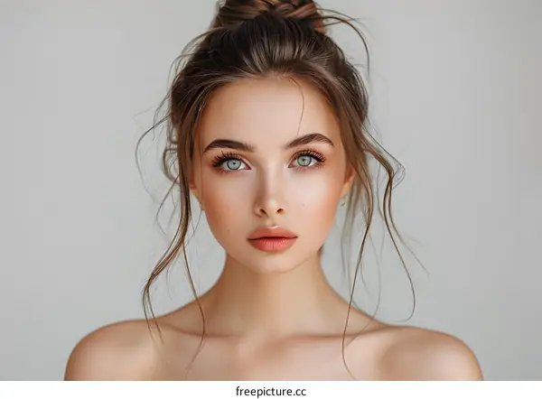 portrait of a beautiful young woman with brown hair and blue eyes