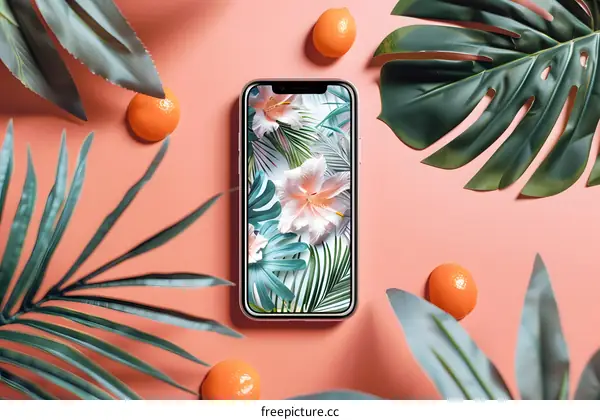 Tropical Phone Wallpaper with Orange and Palm Leaves