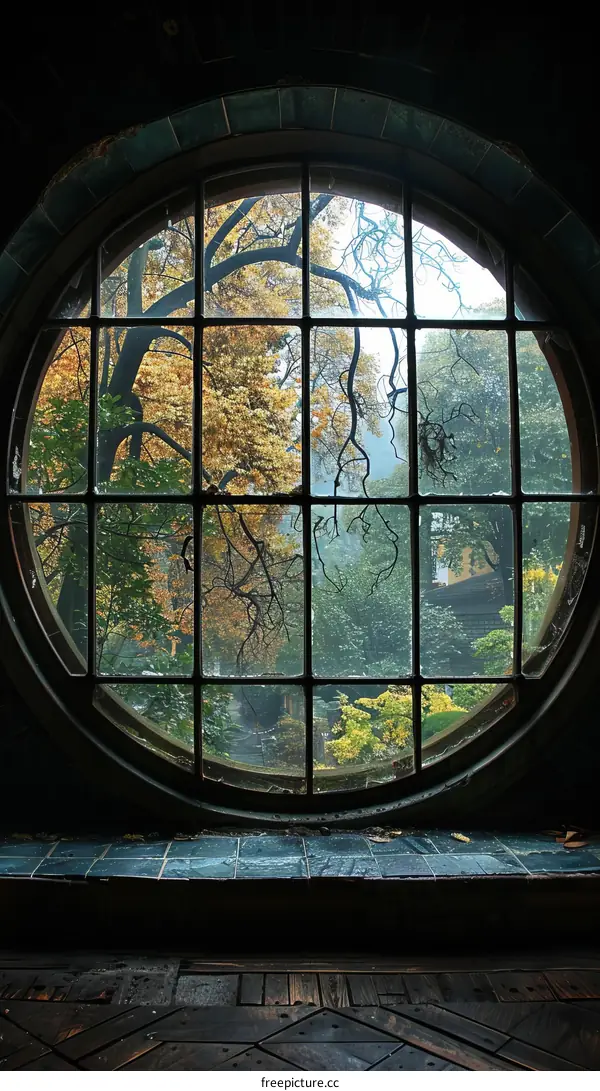 Round Window with Autumn Tree Views