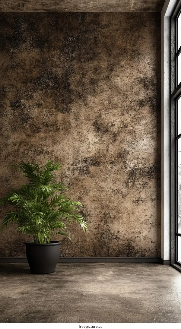 Empty Room Interior with Textured Wall and Plant