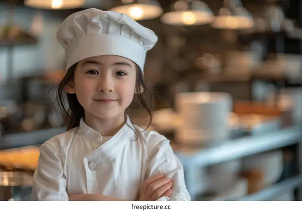 Little girl in chef uniform standing in commercial kitchen