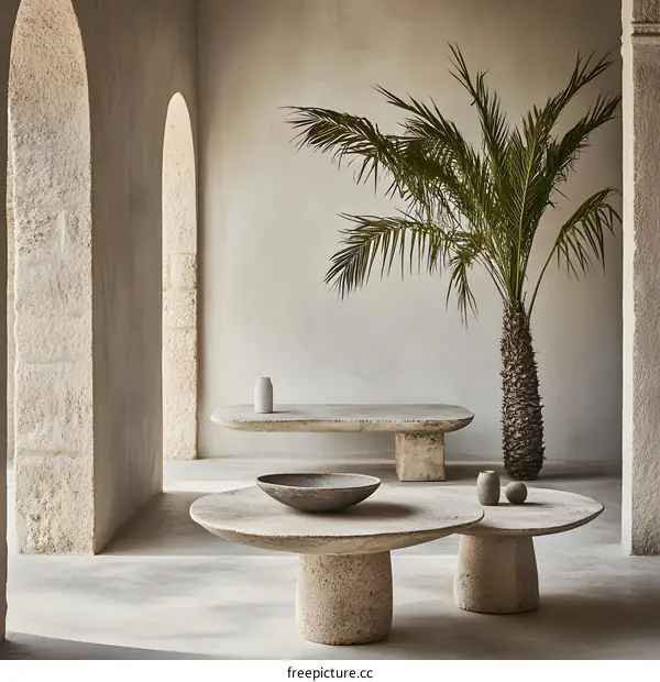 Modern Stone Coffee Tables with Palm Tree in Minimalist Interior