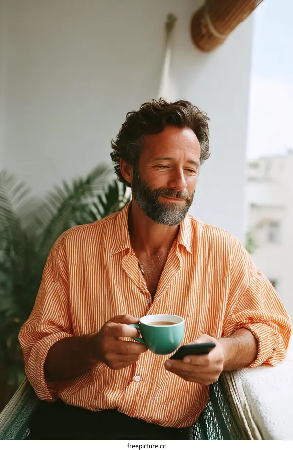 Relaxed Man on Balcony with Coffee and Phone