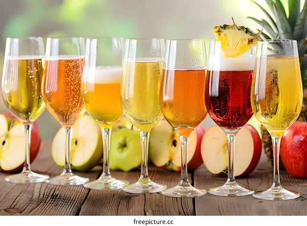 Assortment of Flavored Apple Ciders in Glasses