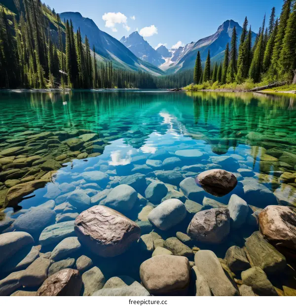 The crystal clear water of a mountain lake reflects the beauty of the surrounding mountains and forests