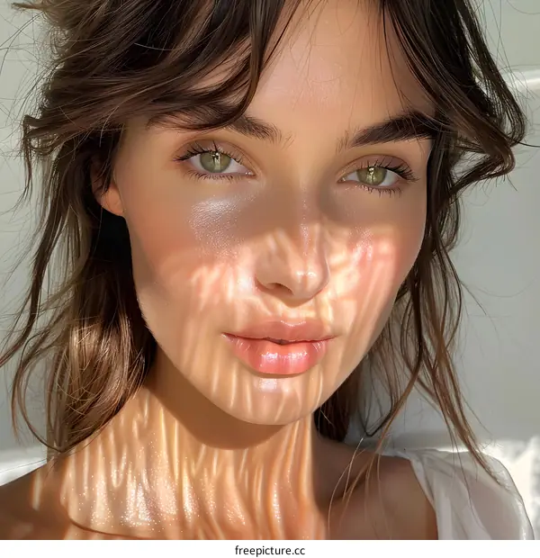 Woman with Green Eyes and Sun Light Pattern on Face