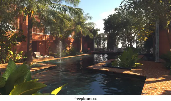 Tropical Swimming Pool Design with Brick Wall and Palm Trees
