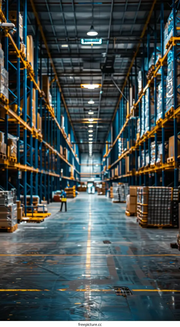 Warehouse with blue racks full of goods and a worker in the distance