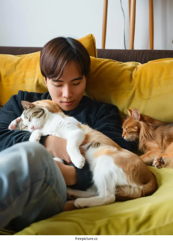 A young Asian man is sitting on a couch with two cats sleeping on him.