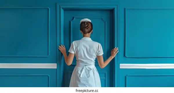 Maid with uniform knocking on blue door