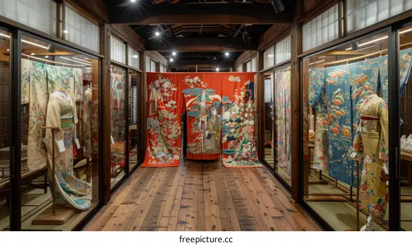 A long room with glass display cases on both sides and a red patterned tapestry in the center.