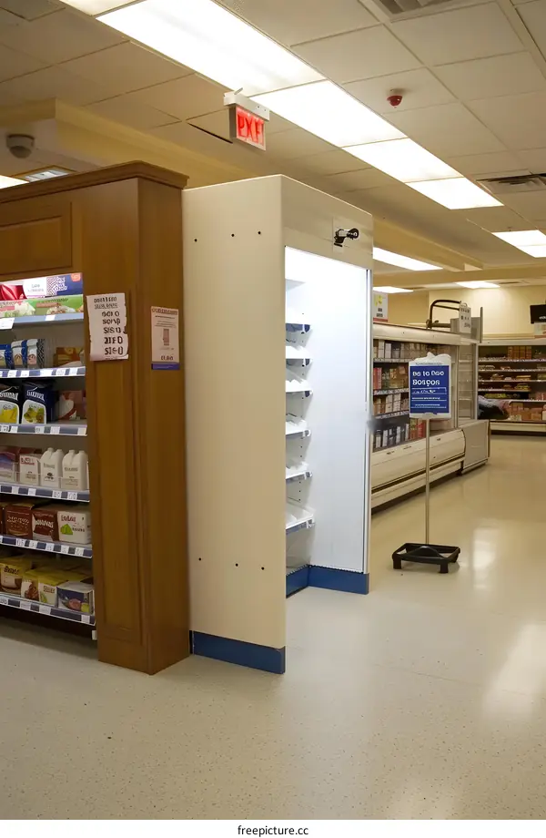 Empty Supermarket Aisle With Refrigerated Shelving