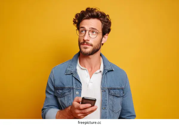 Man Holding Smartphone in Front of Yellow Background
