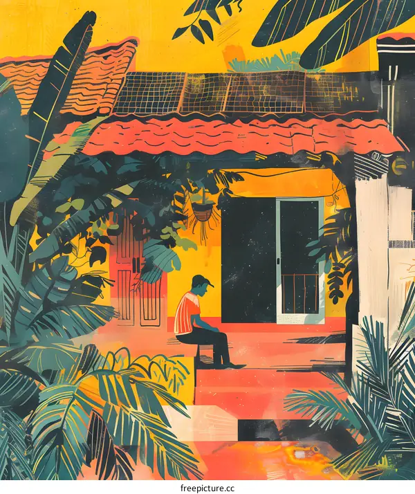 Man Sitting On Porch Of Tropical House