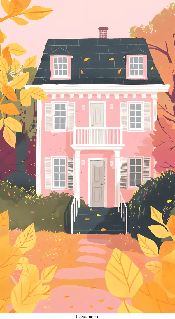 Pink House with Yellow Leaves in Autumn