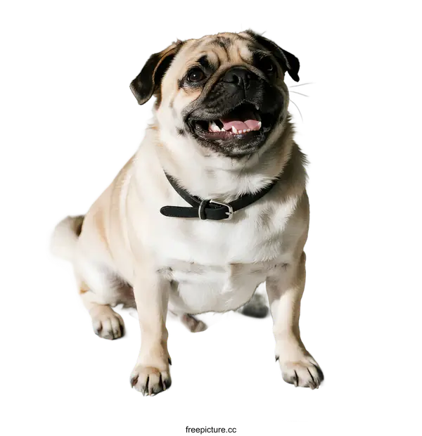 [Transparent Background PNG]Adorable pug dog with a black collar sitting and smiling