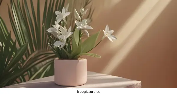 White Flowers In Pink Pot With Palm Leaf In Background