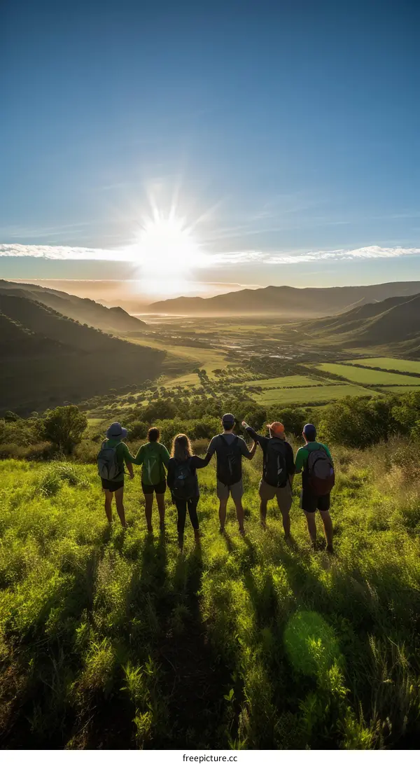 A group of friends standing on a hilltop overlooking a valley
