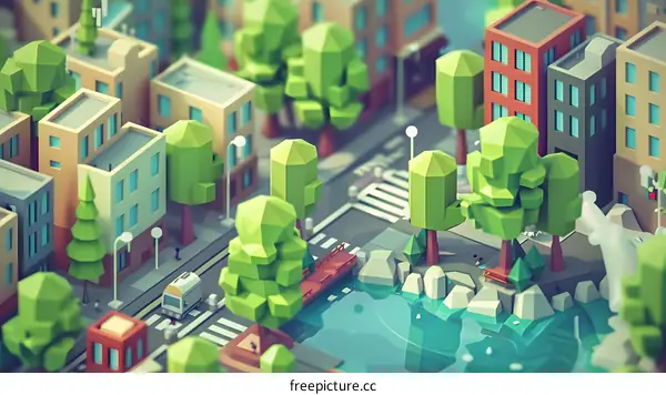 Low Poly City Park with Trees and Buildings