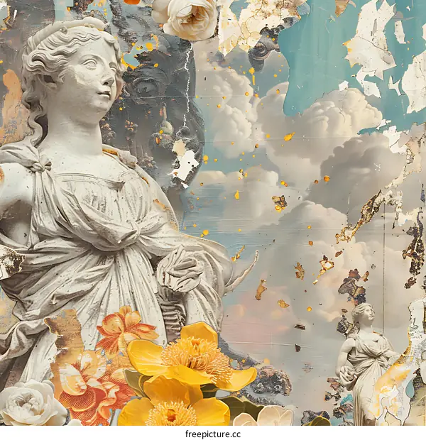Vintage Collage With Greek Statues, Flowers and Clouds