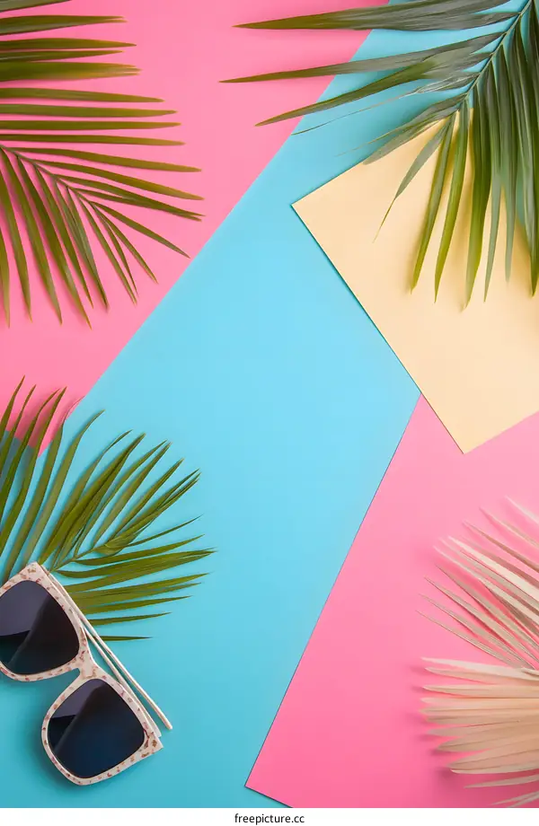 Summer Tropical Minimalist Flat Lay with Sunglasses and Palm Leaves