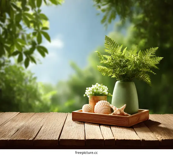 Wooden Table with Vase, Plants, and Seashells in Summer Outdoor Setting