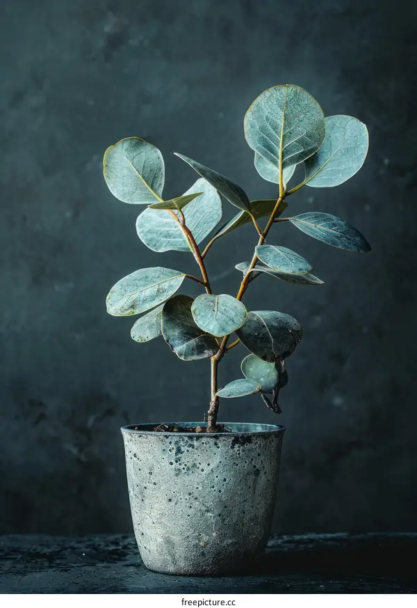 Close up of a potted eucalyptus plant on a dark background