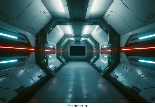 Futuristic Sci-Fi Corridor with Neon Lights and Metallic Surfaces
