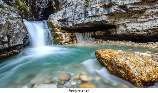 Waterfall Flowing Into Clear Pool In Mountain Valley