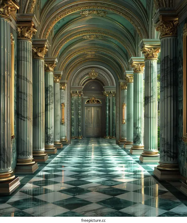 Ornate Hallway with Green Marble Pillars and Checkered Floor Tiles