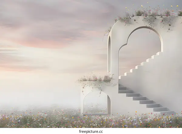 White Archway with Stairs and Flowers